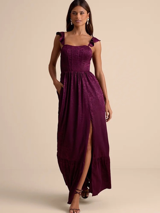 Lulus Dresses & Skirts - NWT Lulu’s Arlaith Plum Jacquard Lace-Up Corset Maxi Dress